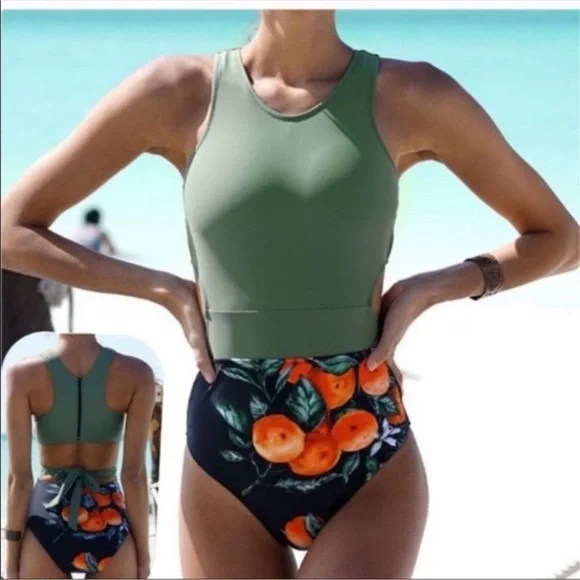 Cupshe Green Orange Miss U Print One-piece Swimsuit Size Medium Tied Bow Cutout - Picture 2 of 3